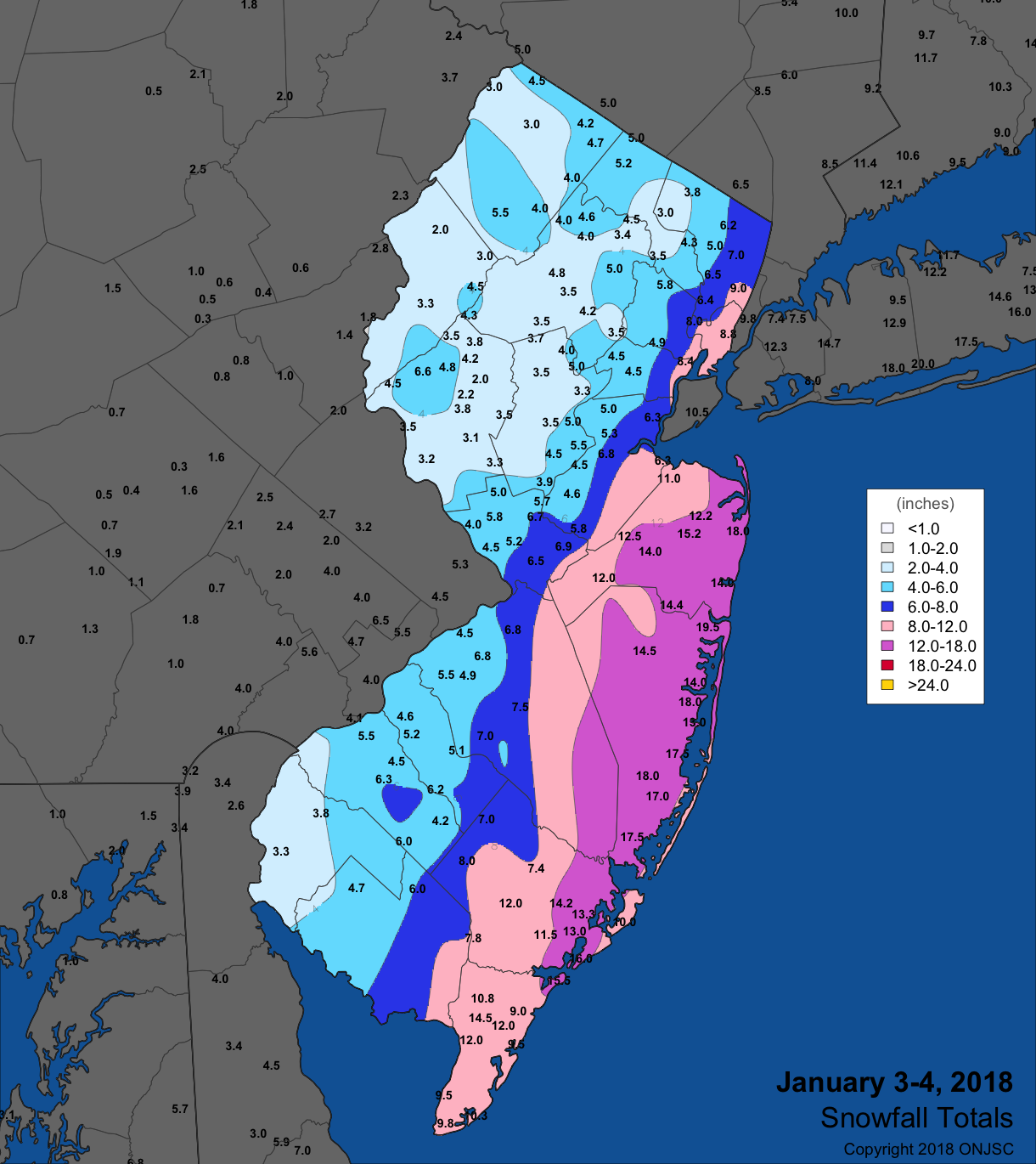 January 3-4, 2018 Snowfall Totals